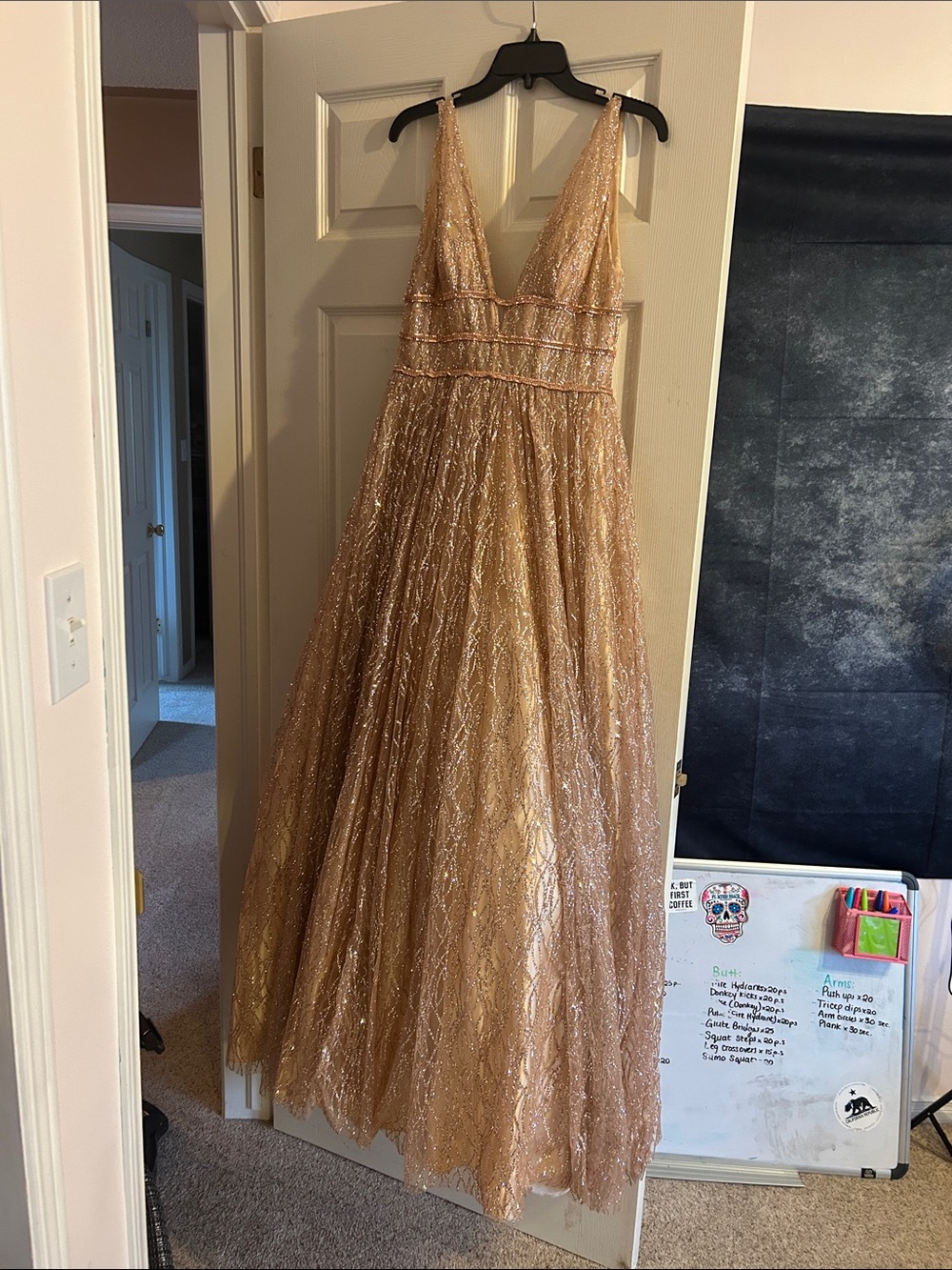 Panoply Rose Gold Glitter V-Neck Prom Dress